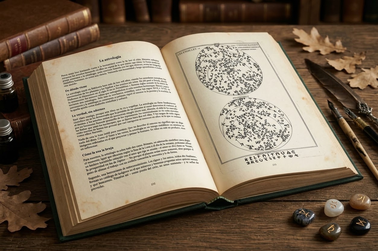 El libro abierto sobre una mesa de madera con runas y plumas
