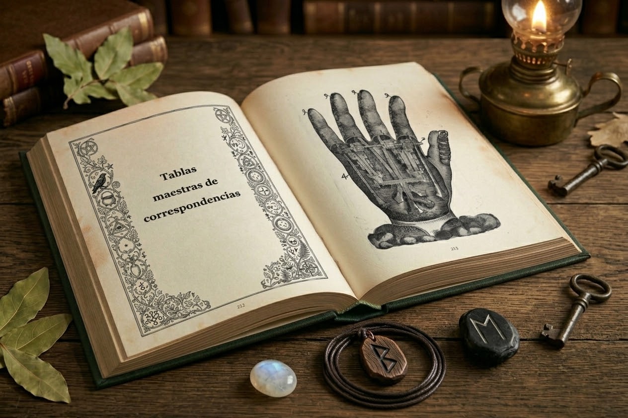 El libro con tablas de correspondencias, runas y llaves antiguas